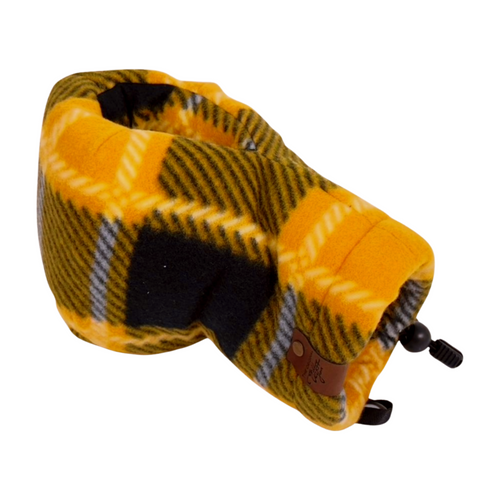 Left-hand Gold Black Plaid Giddyup Glove™ holding a beverage, cozy winter mitten with built-in drink holder.