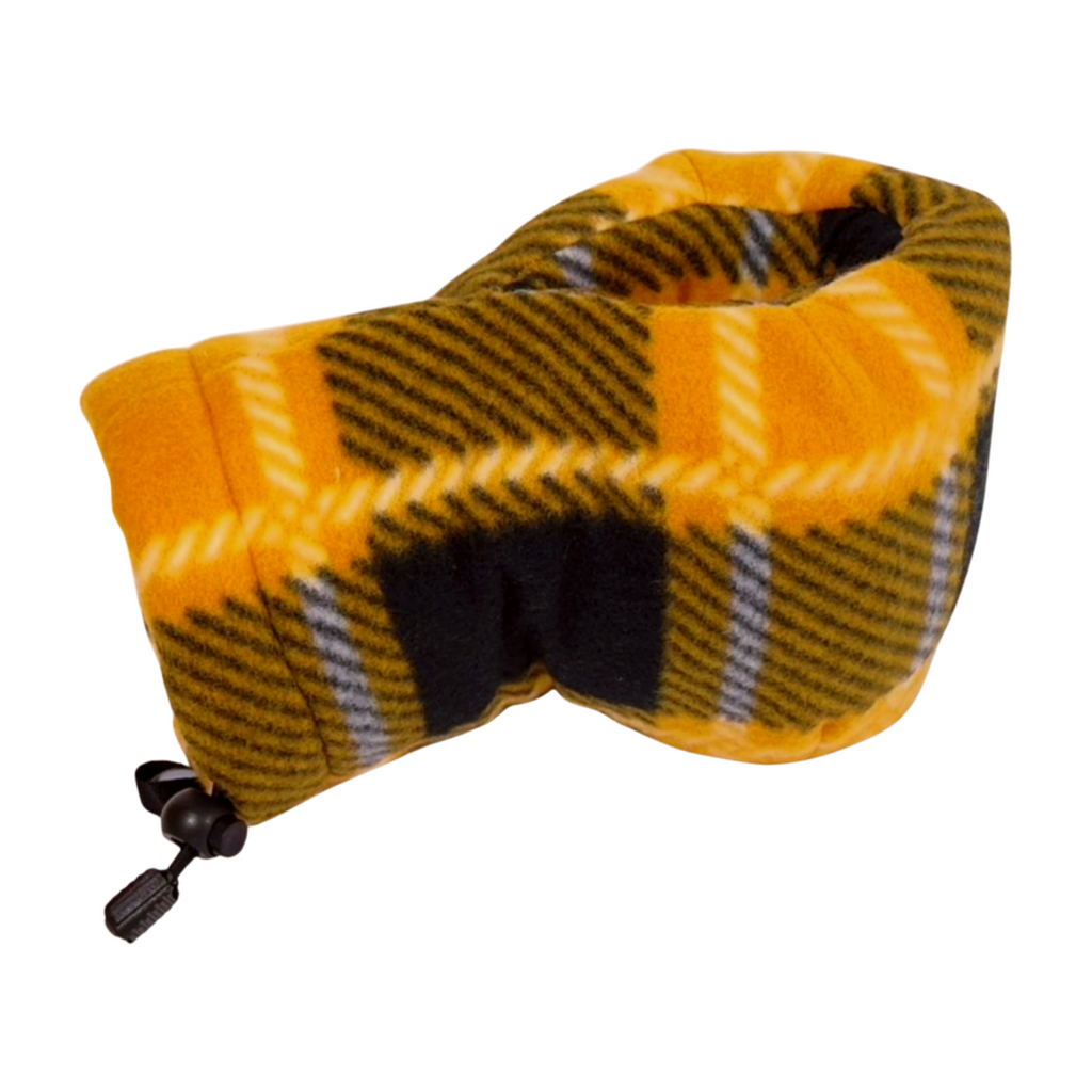 Right-hand Gold Black Plaid Giddyup Glove™ keeping drinks hot or cold, stylish insulated mitten for winter.