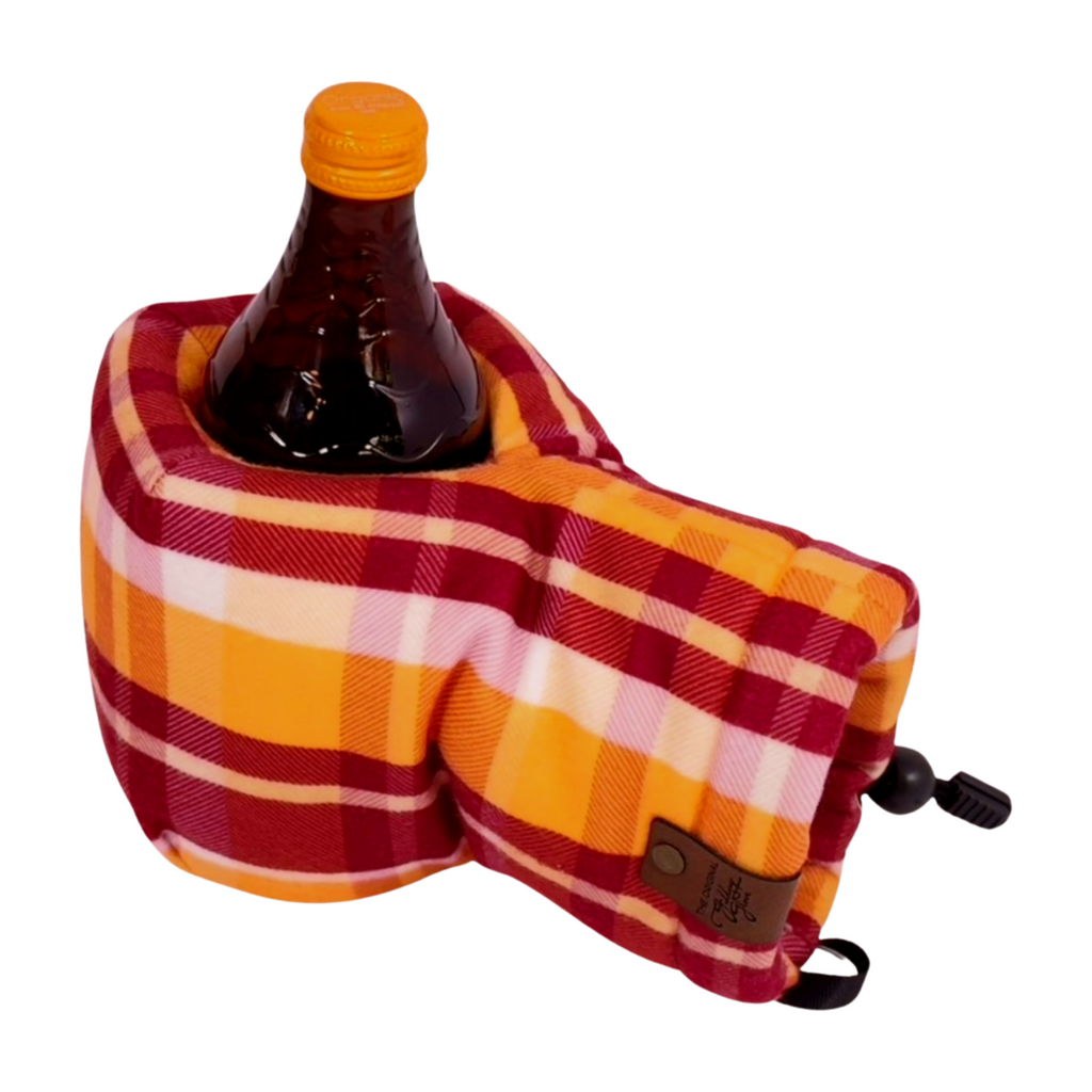 Golden Gate Gold Maroon Plaid Giddyup Glove™ holding a bottle, perfect for keeping drinks warm or cold outdoors.