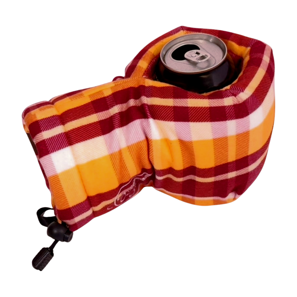 Golden Gate Gold Maroon Plaid Giddyup Glove™ holding a beverage can, demonstrating hands-free insulation and comfort.