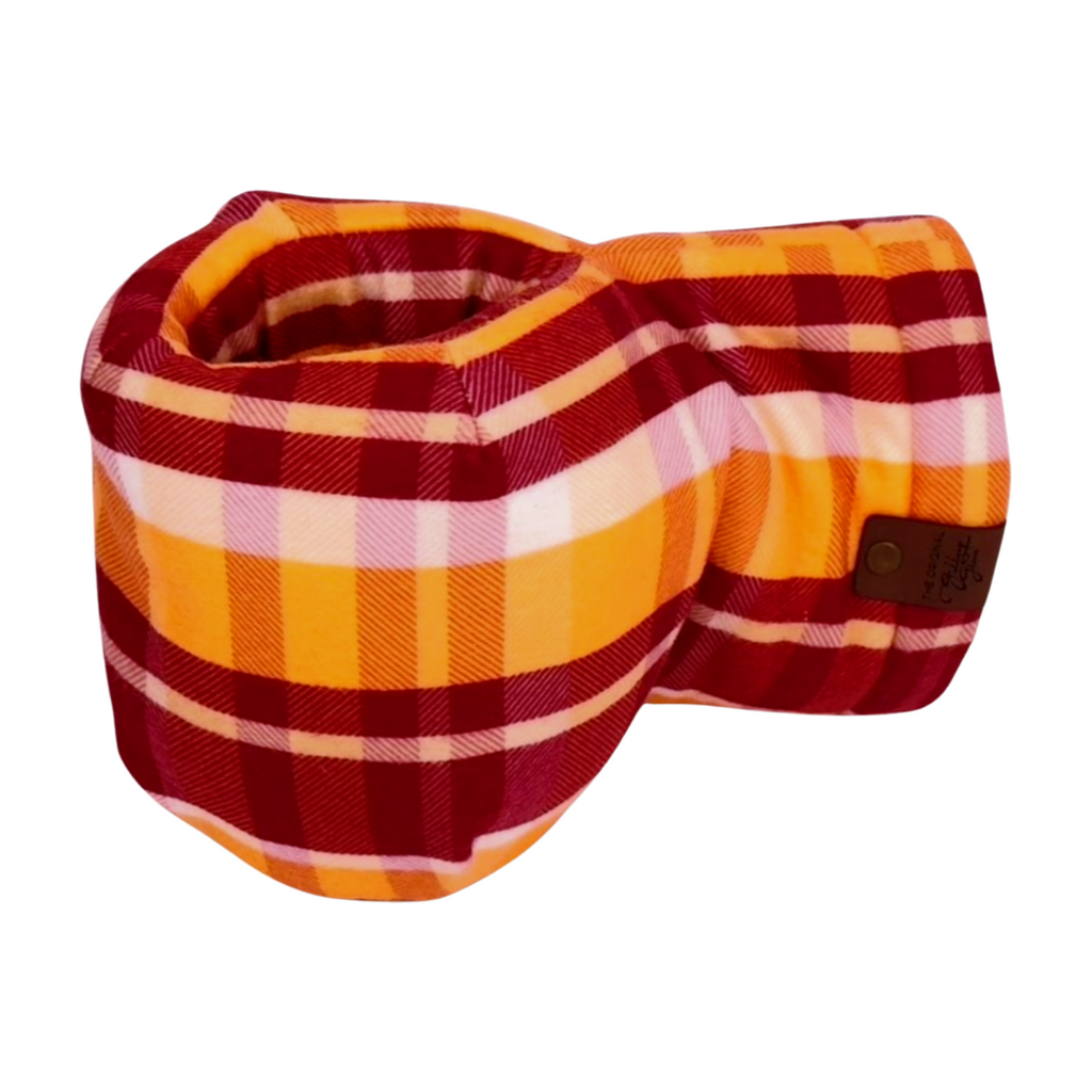 Front view of Golden Gate Gold Maroon Plaid Giddyup Glove™ showcasing insulated design for hot and cold drinks.