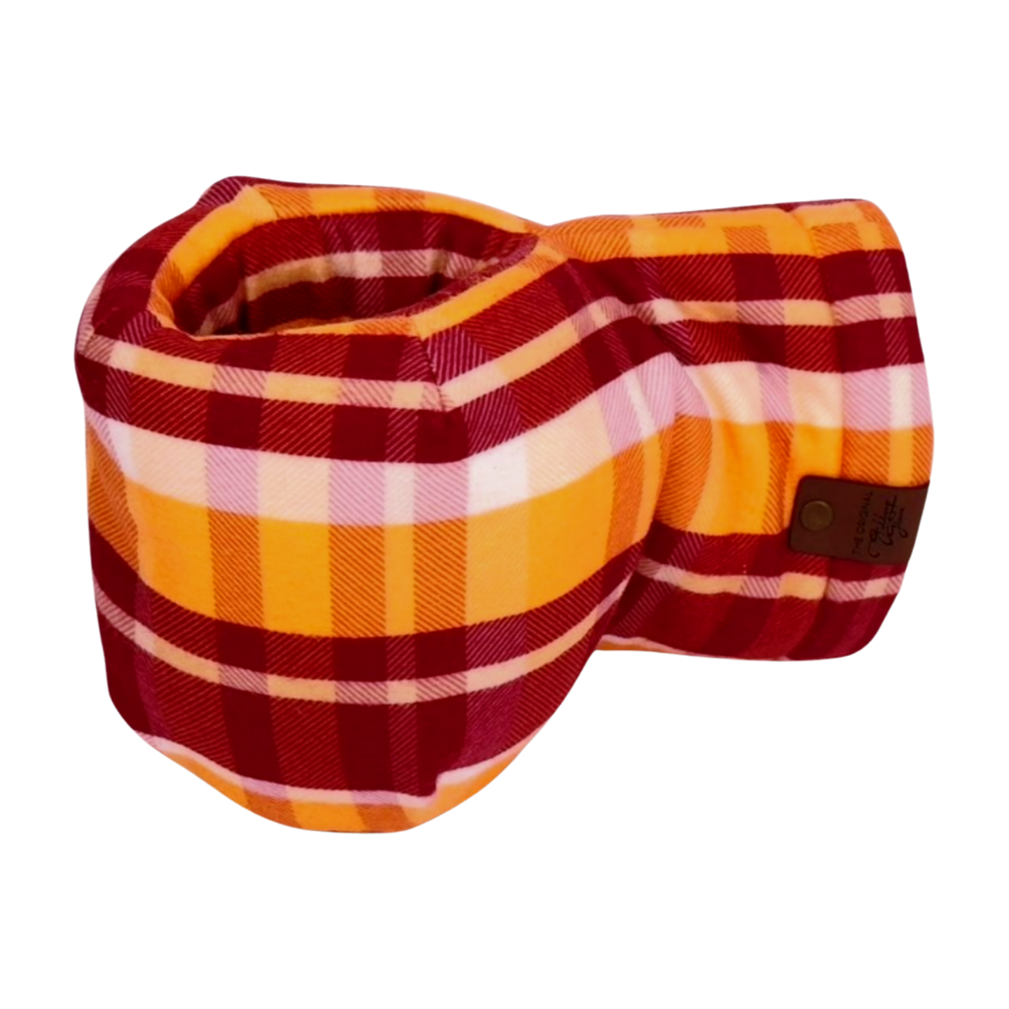 Front view of Golden Gate Gold Maroon Plaid Giddyup Glove™ showcasing insulated design for hot and cold drinks.
