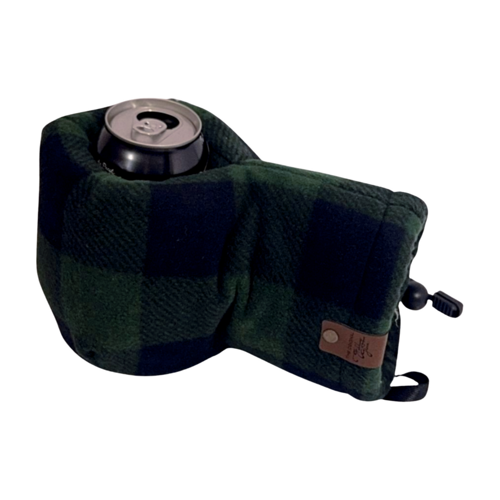 Green and black buffalo plaid Giddyup Glove™ in dark fleece holding a can, winter insulated glove.