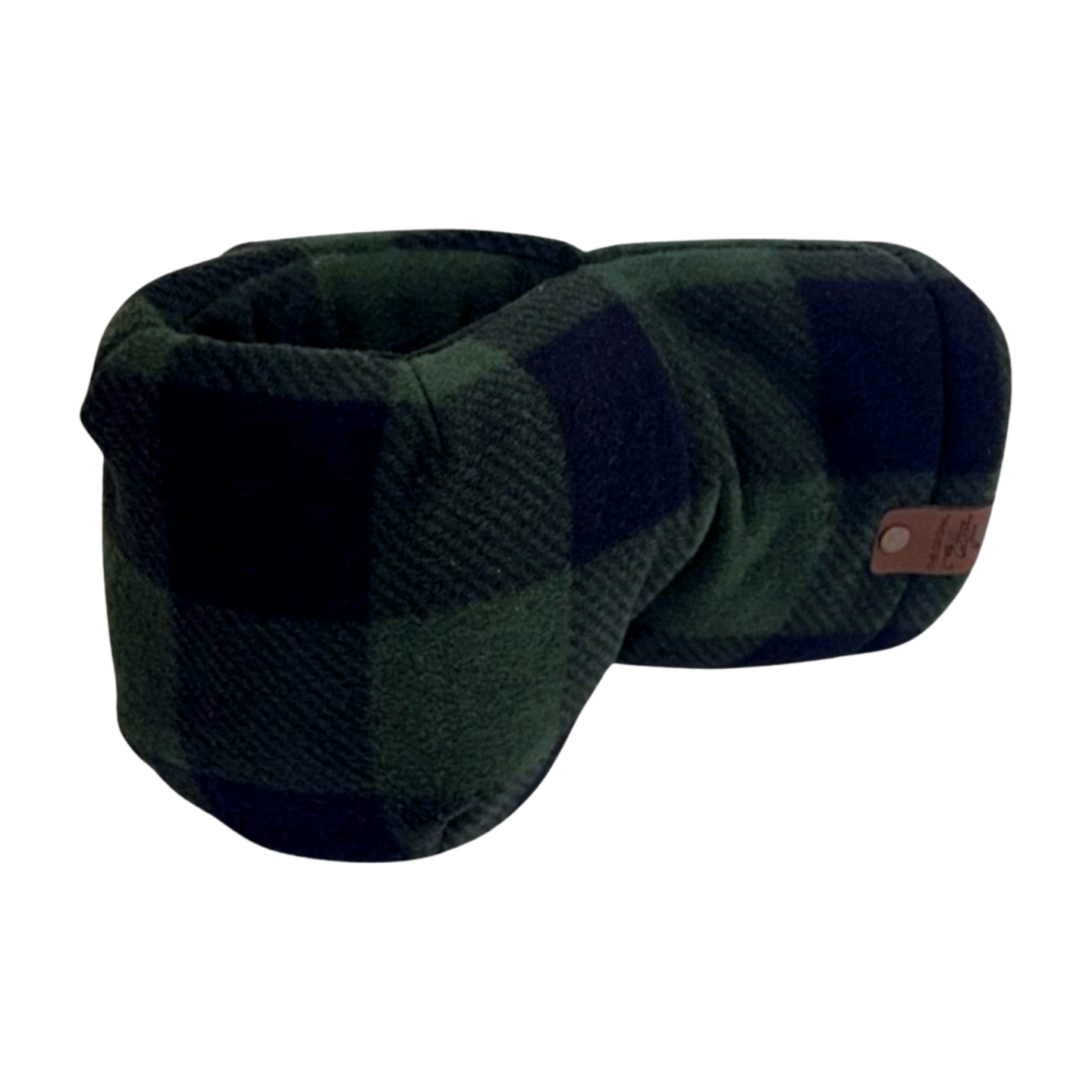 Green and black buffalo plaid Giddyup Glove™ in dark fleece, front view, insulated drink-holding mitten.
