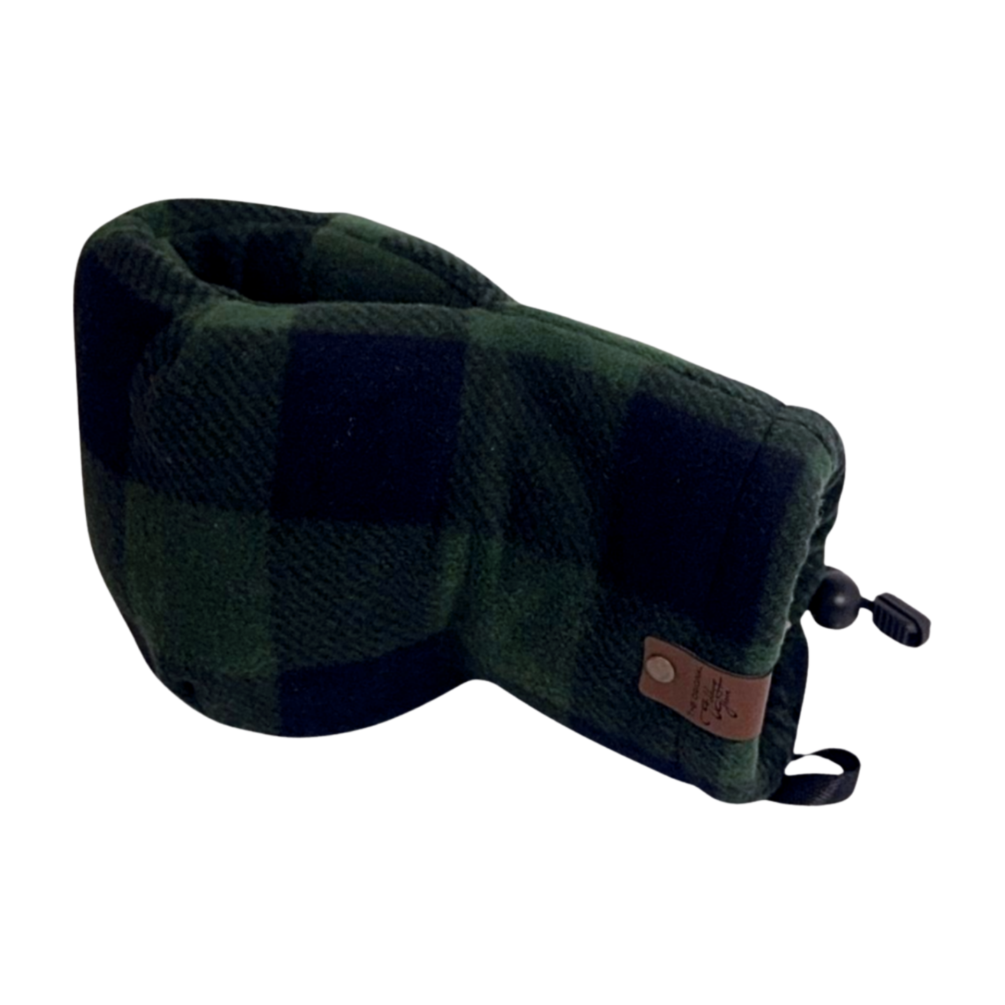 Green and black buffalo plaid Giddyup Glove™ in dark fleece, left-hand side view, winter drink glove.
