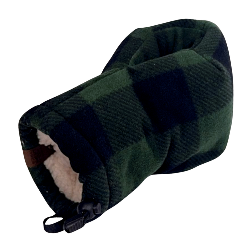 Green and black buffalo plaid Giddyup Glove™ in dark fleece, right-hand side view, insulated mitten.