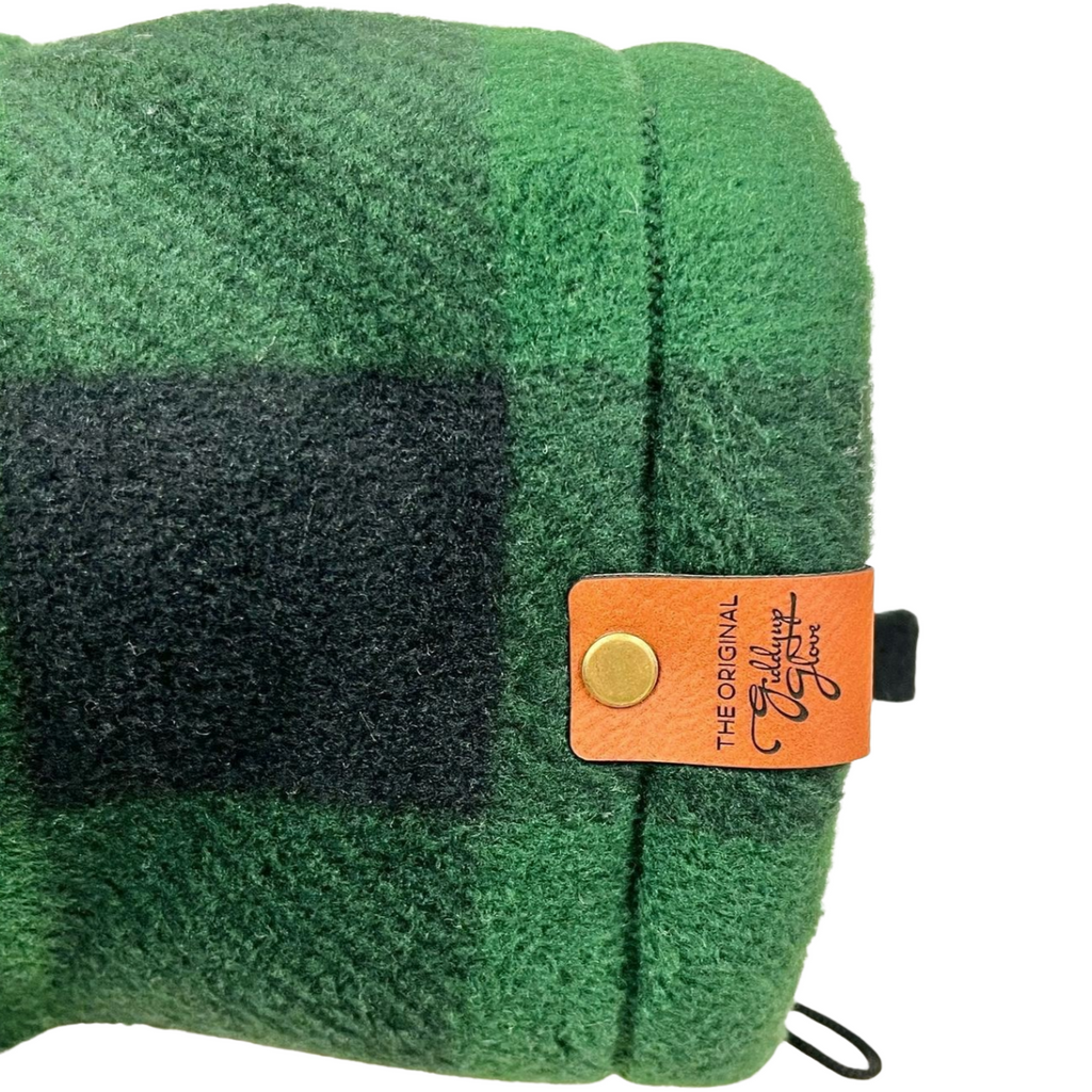 Close-up of green and black buffalo plaid Giddyup Glove™ in light fleece showing wrist detail, insulated.
