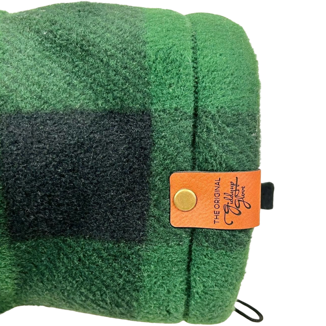 Close-up of green and black buffalo plaid Giddyup Glove™ in light fleece showing wrist detail, insulated.