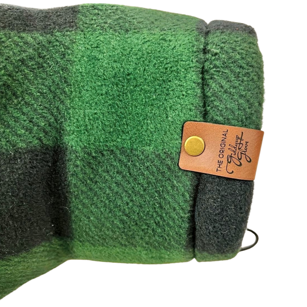 Green and black buffalo plaid Giddyup Glove™ in light fleece, left wrist detail, snug insulated mitten.