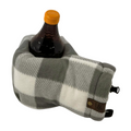 Top view of Grey and White Buffalo Plaid Giddyup Glove™ holding a bottle, a beer Kozy alternative for cold weather