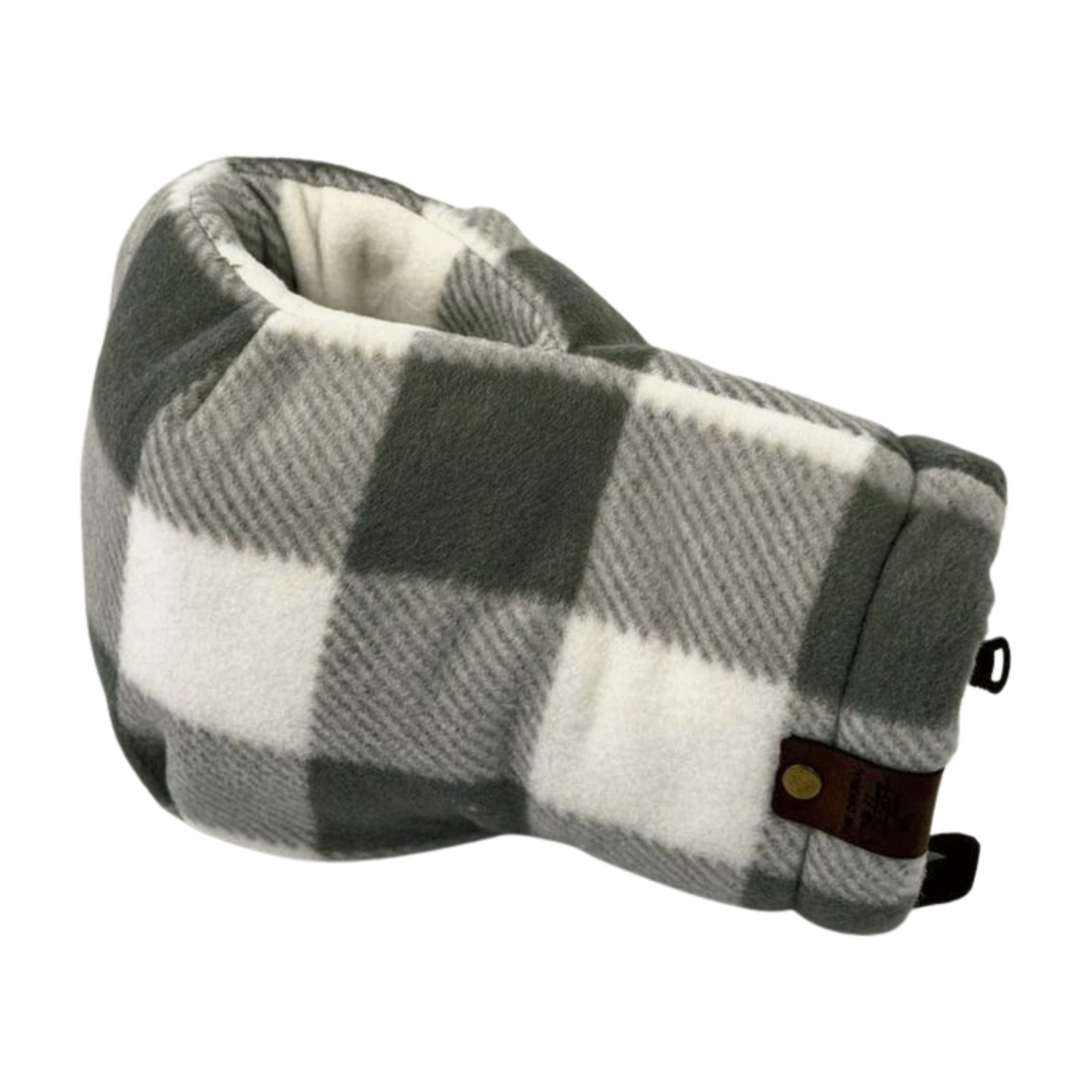 Grey and white buffalo plaid Giddyup Glove™ angled left, perfect for keeping hands warm while holding beverages.