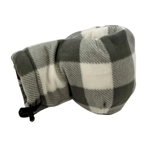 Side/angled view of Grey and White Buffalo Plaid Giddyup Glove™ showing cozy insulated design and built-in drink-holding mitten