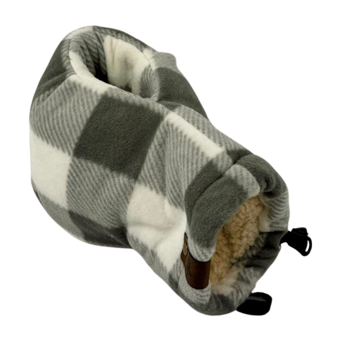 Top-left view of grey and white buffalo plaid Giddyup Glove™, showing insulated hand and drink holder functionality.