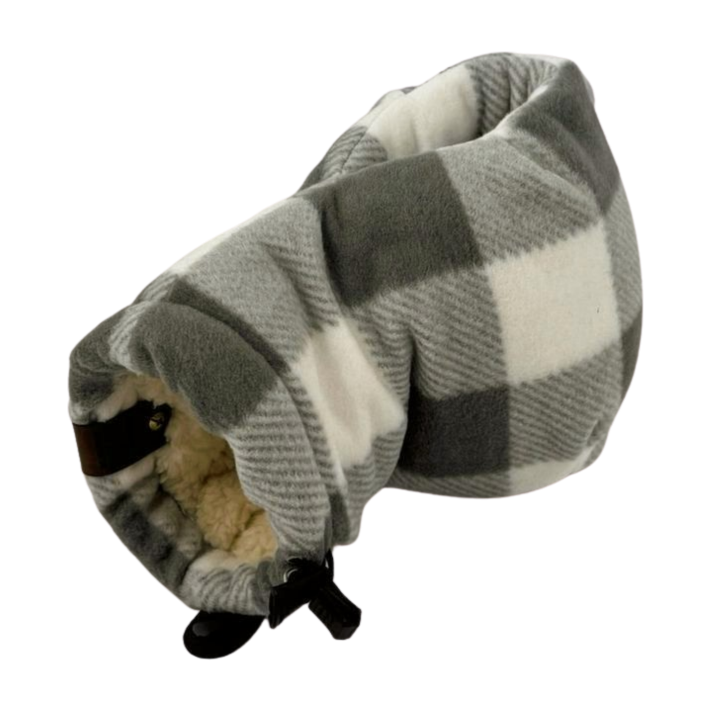 Top-right view of grey and white buffalo plaid Giddyup Glove™, highlighting ambidextrous design and cozy fleece interior.