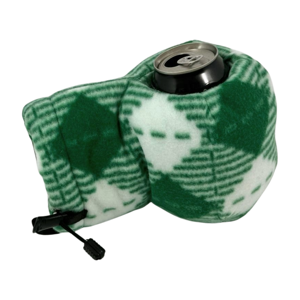 Leprechaun Green Giddyup Glove holding a can, insulated mitten for hands and drink, perfect for outdoor use.