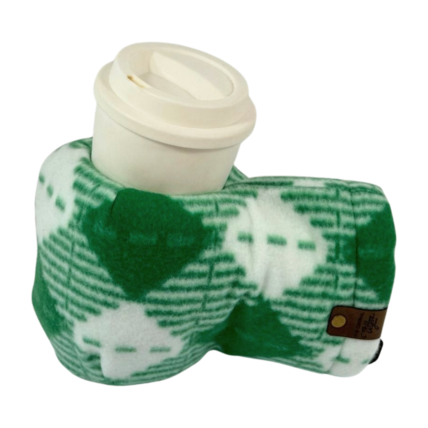 Leprechaun Green Giddyup Glove gripping a tumbler, hot or cold beverage-friendly, ambidextrous mitten.