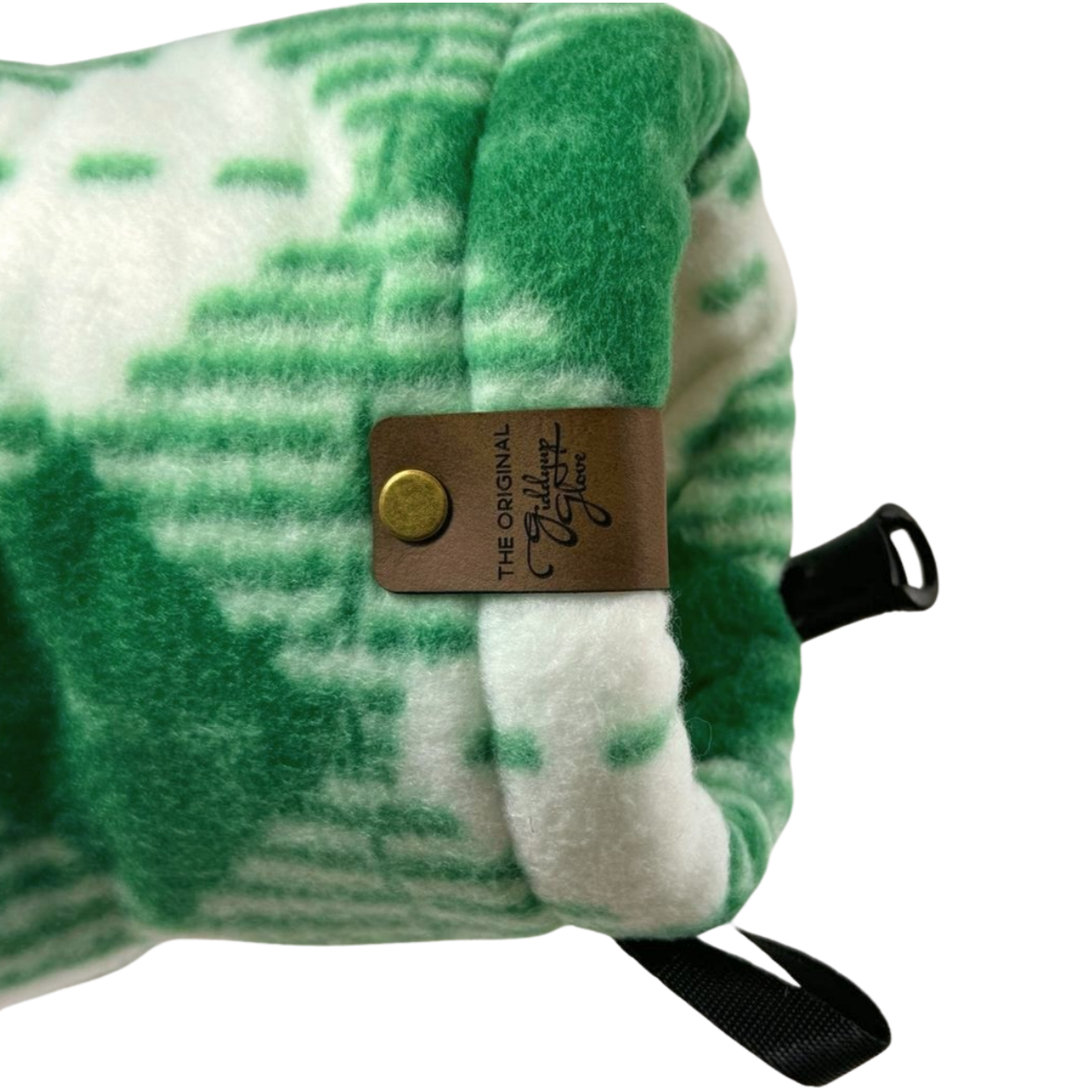 Leprechaun Green Giddyup Glove showing left wrist detail, stylish and functional winter mitten.