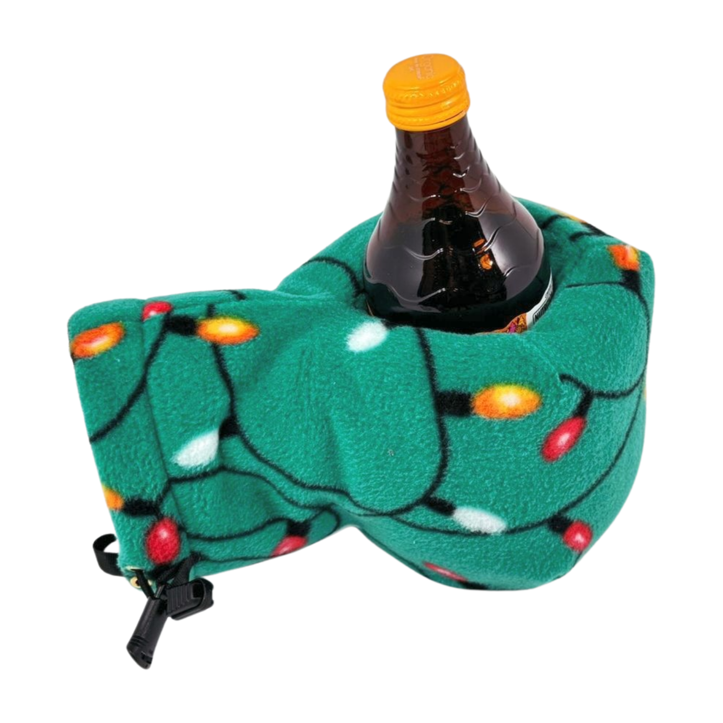Lets Get Lit Holiday Giddyup Glove™ holding a bottle, festive fleece mitten with no-grip drink holder