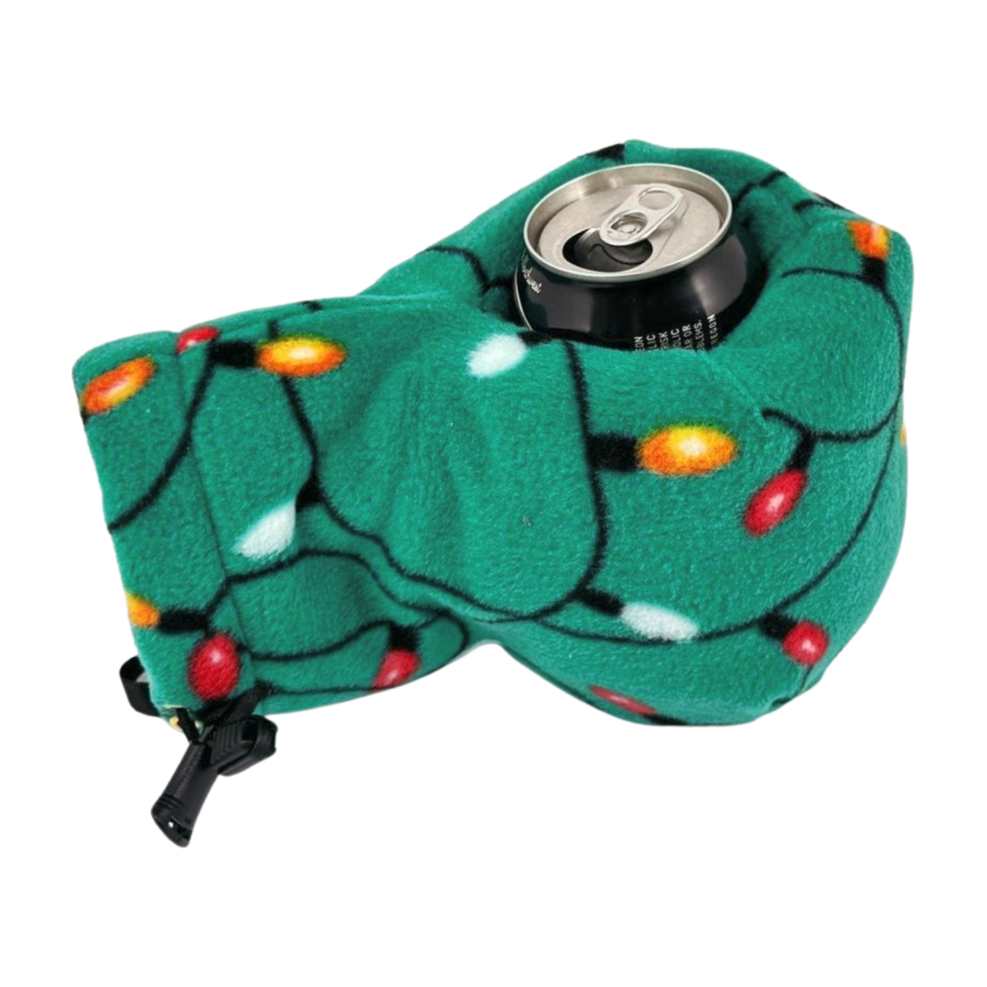 Lets Get Lit Holiday Giddyup Glove™ holding a can, insulated mitten with built-in drink holder for winter festivities