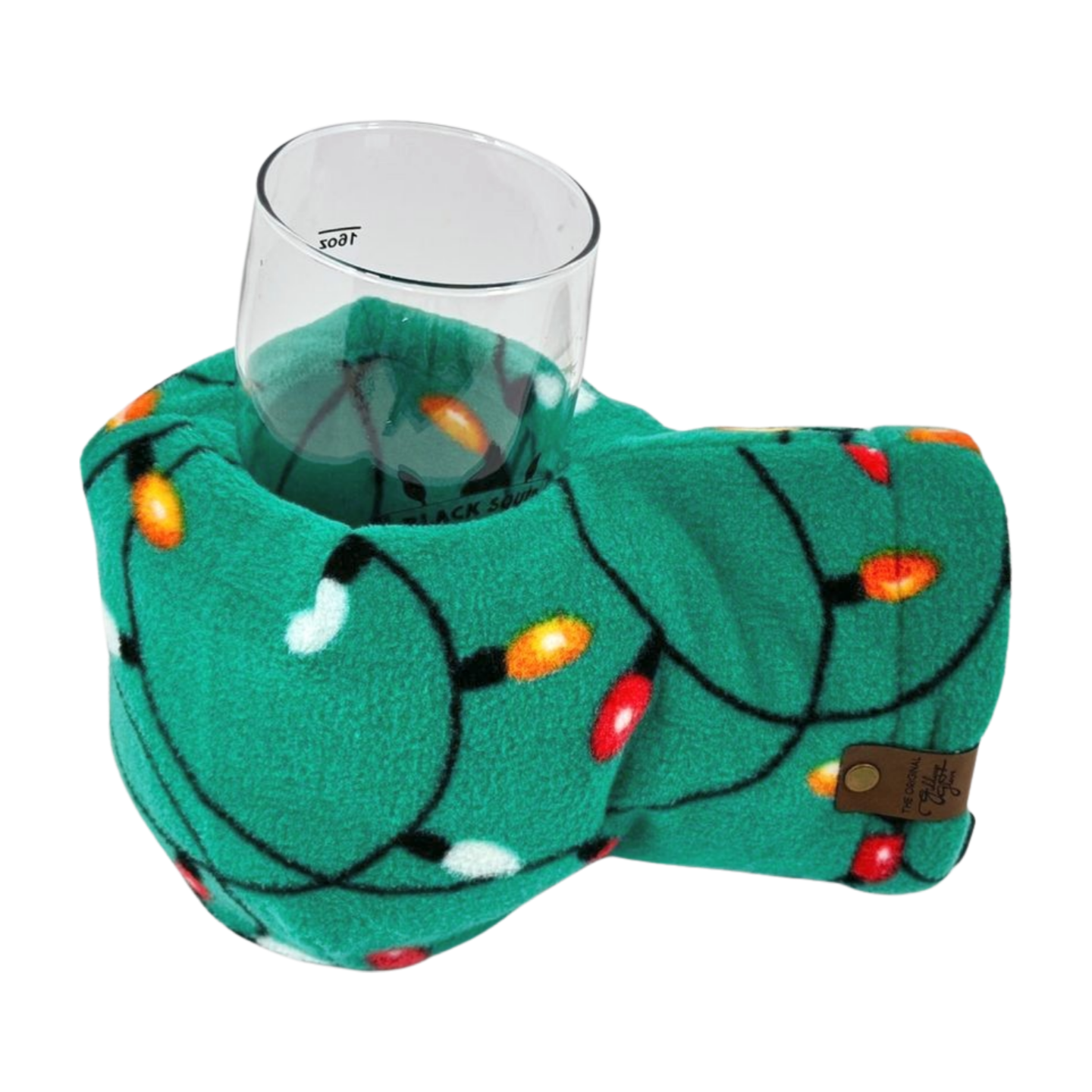 Lets Get Lit Holiday Giddyup Glove™ holding a glass, hands-free insulated mitten for holiday parties and cold-weather drinks