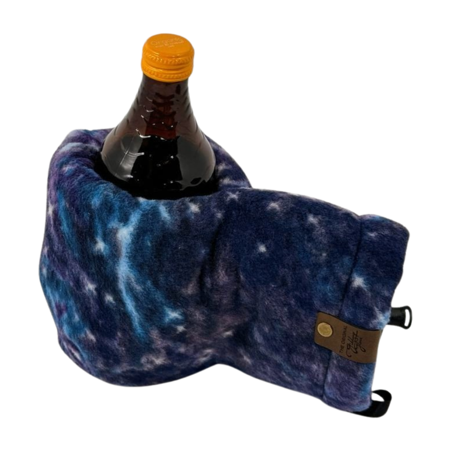 Top view of Midnight Galaxy Giddyup Glove™ holding a bottle, a beer Kozy alternative for cold weather