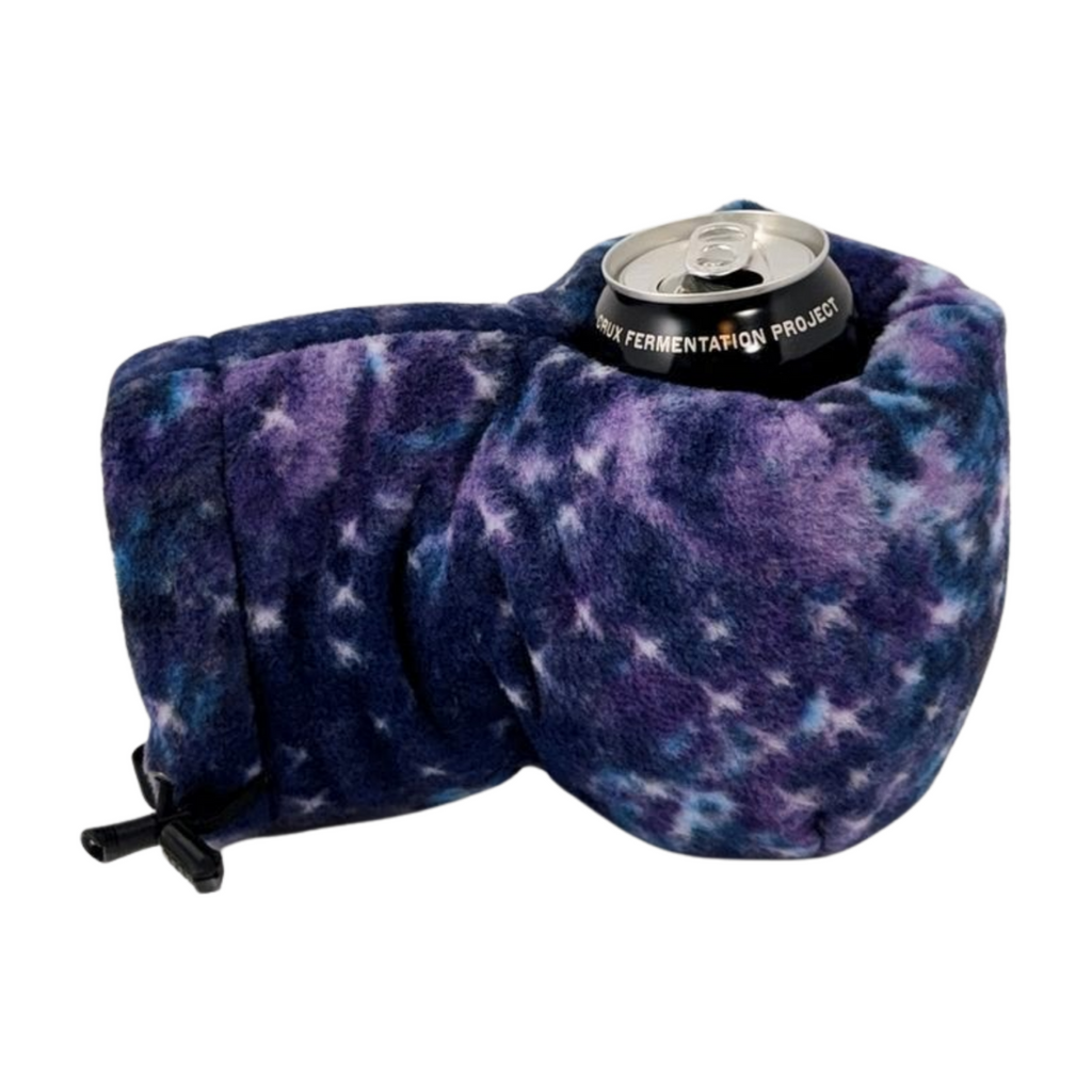 Top view of Midnight Galaxy Giddyup Glove™ holding a can, practical for tailgating or camping
