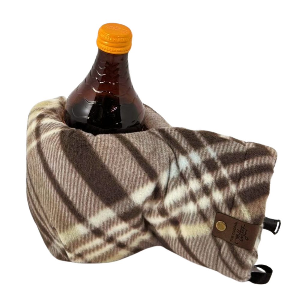 Top view of Right-hand Natural Brown Plaid Giddyup Glove™ holding a bottle, a beer Kozy alternative for cold weather