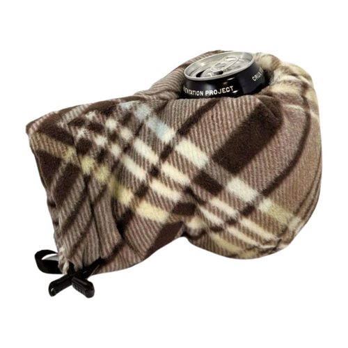 Top view of Right-hand Natural Brown Plaid Giddyup Glove™ holding a can, practical for tailgating or camping