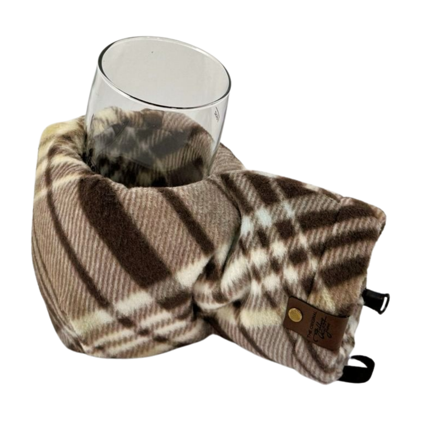 Natural Brown Plaid Giddyup Glove™ insulated fleece glove holding a glass