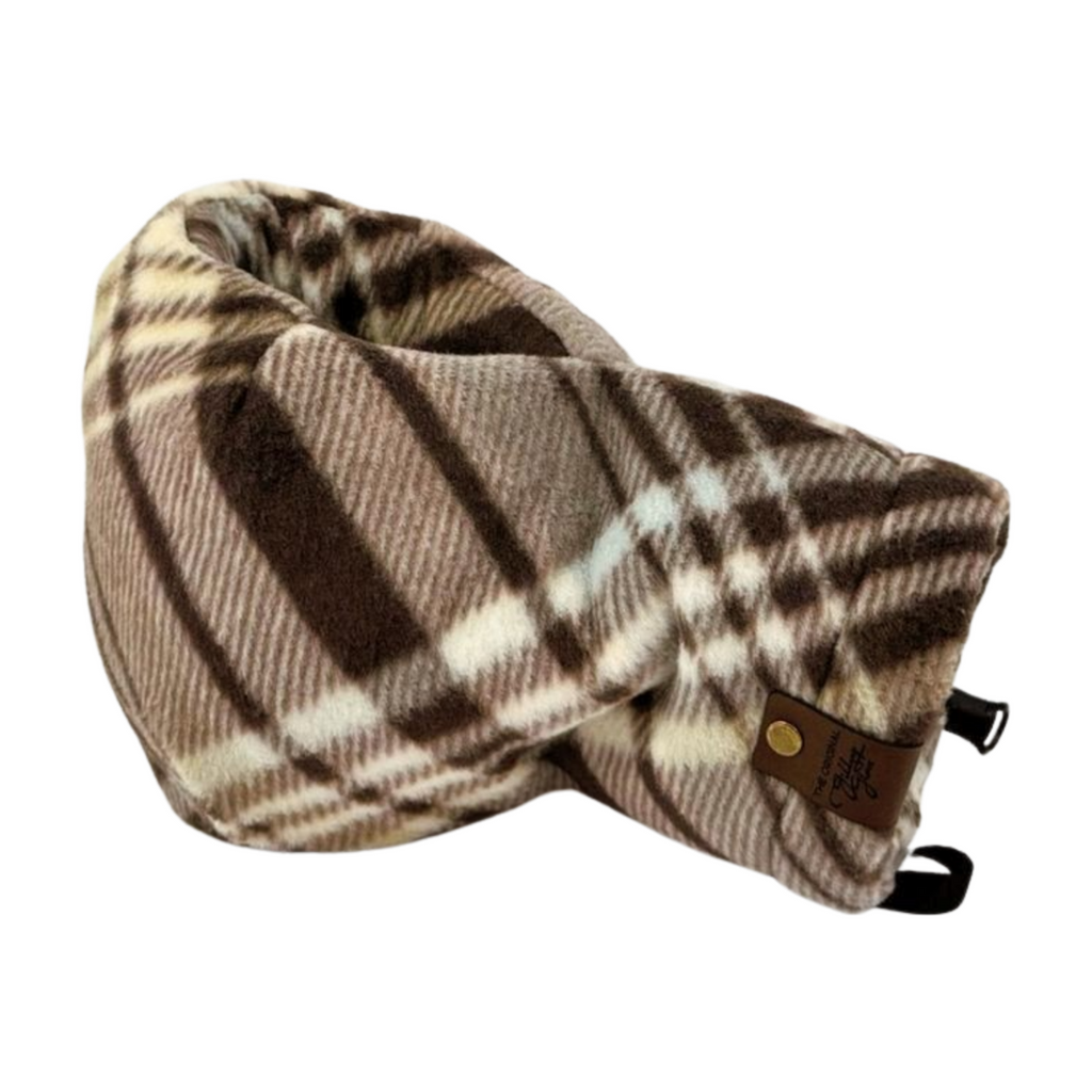 Side view of Right-hand Natural Brown Plaid Giddyup Glove™ showing cozy fleece design and built-in drink-holding mitten