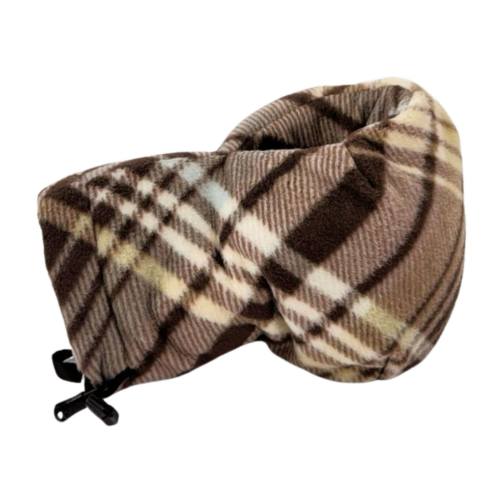 Side view of Right-hand Natural Brown Plaid Giddyup Glove™ showing cozy fleece design and built-in drink-holding mitten