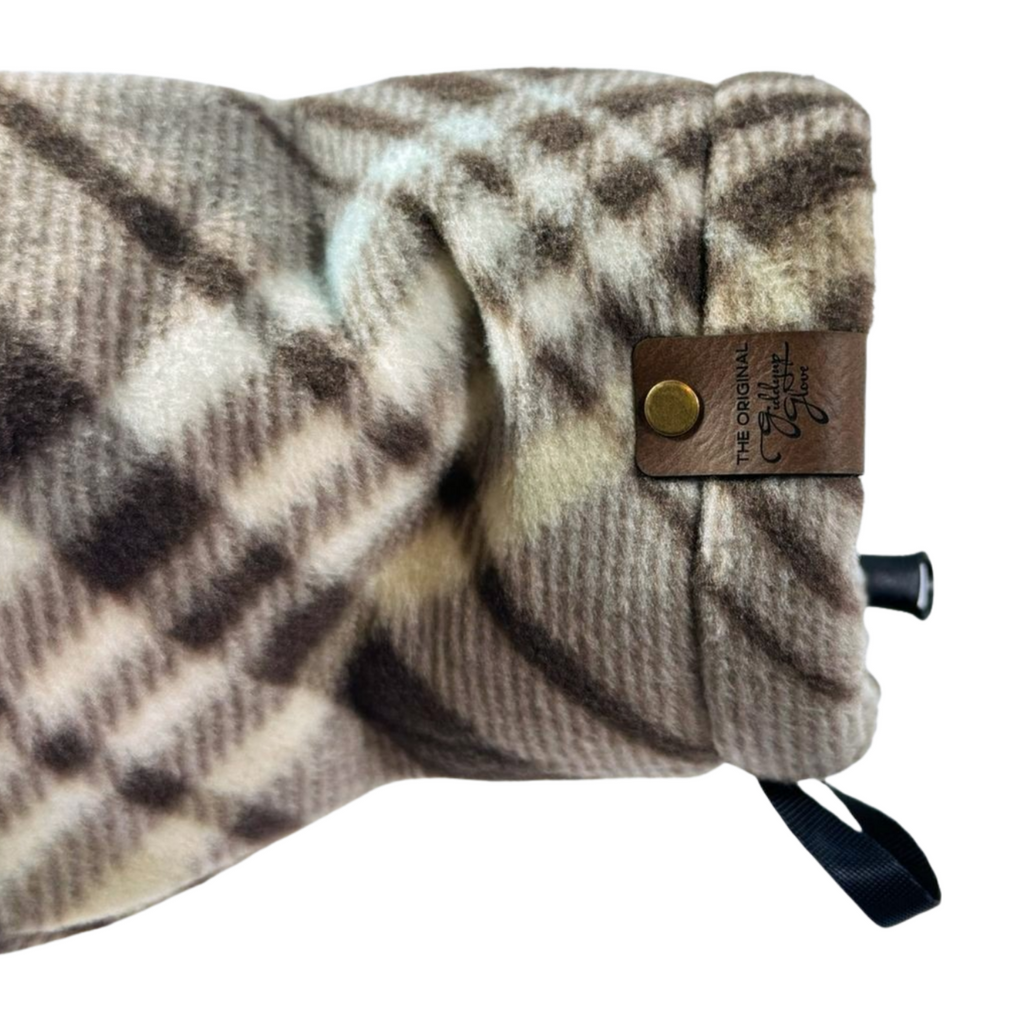 Close-up of Right-hand Natural Brown Plaid Giddyup Glove™ wrist strap and insulated cuff for sidelines or outdoor use