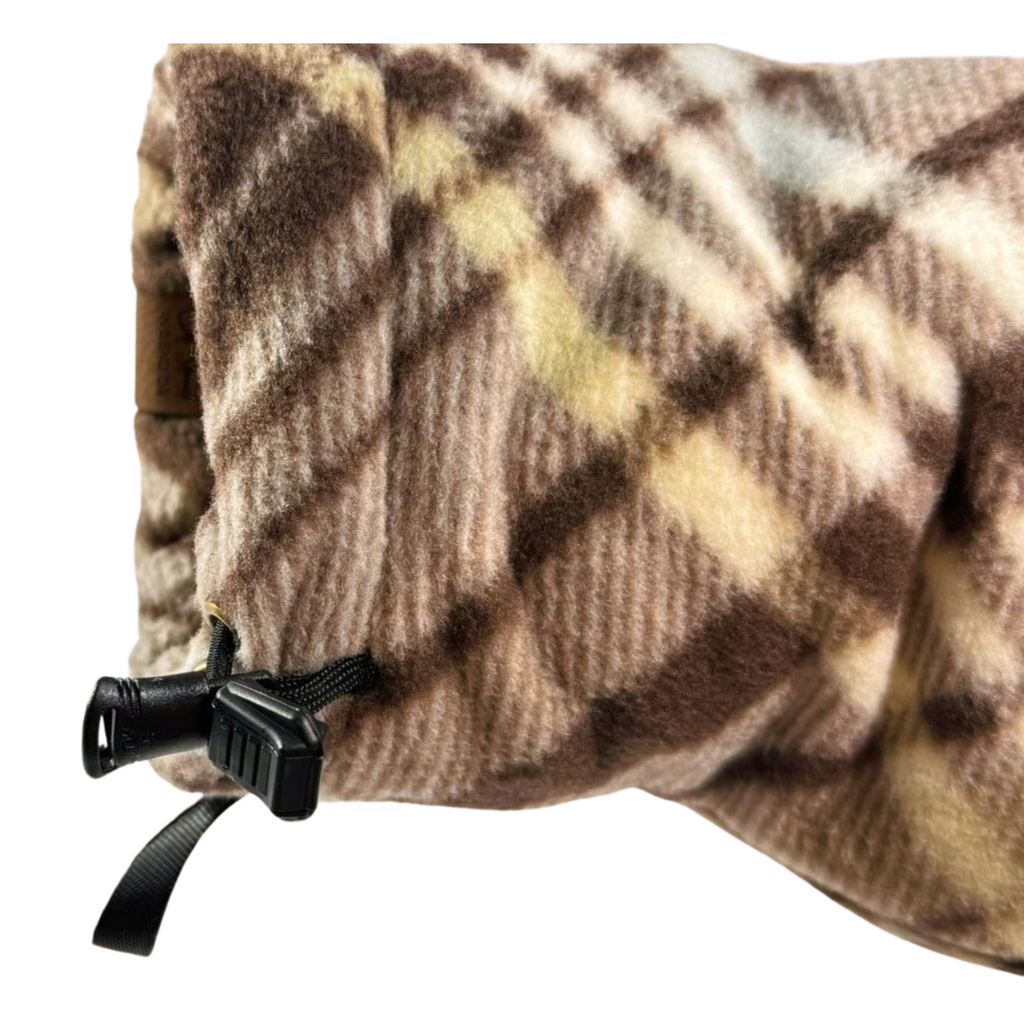 Close-up of Right-hand Natural Brown Plaid Giddyup Glove™ wrist strap and insulated cuff for sidelines or outdoor use