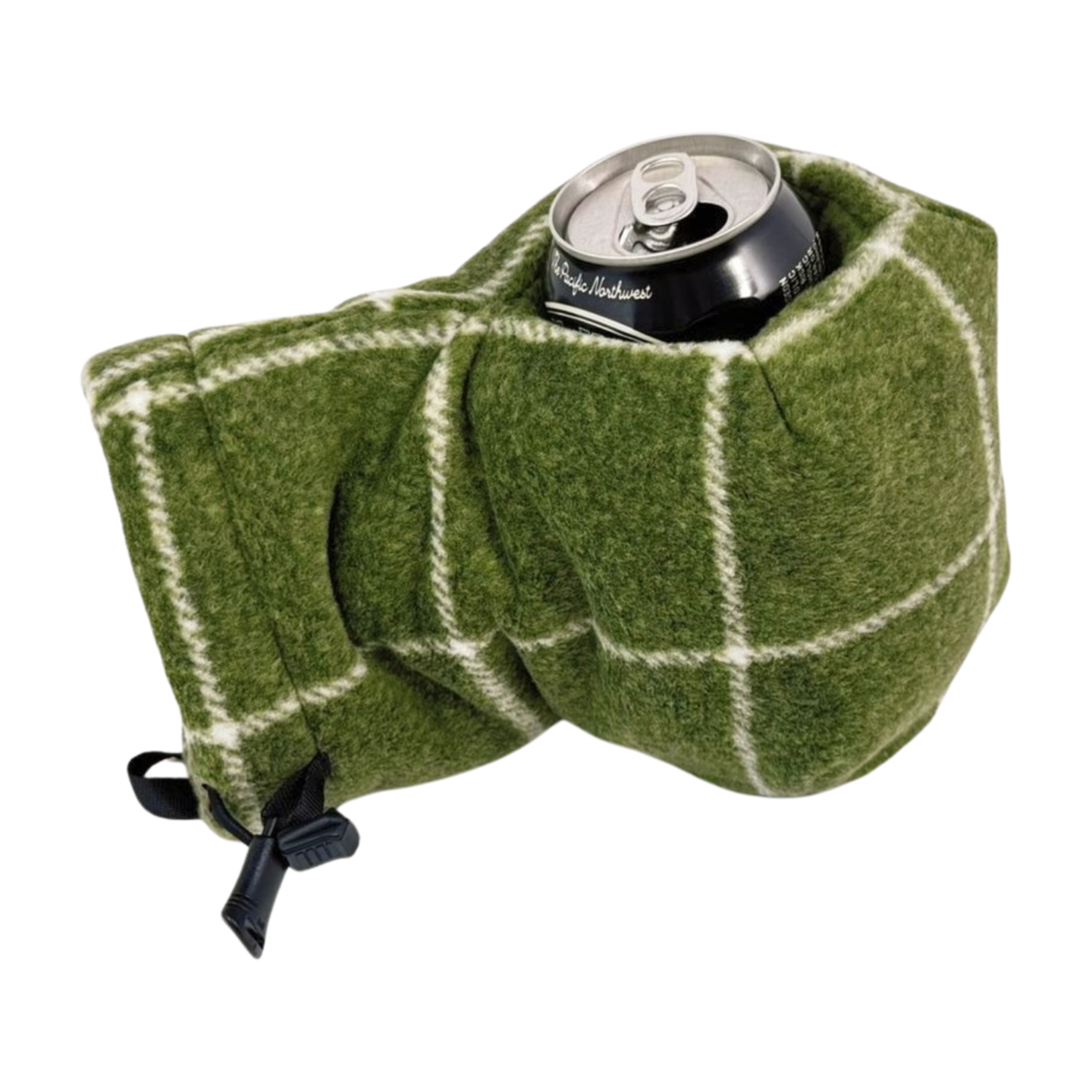 Top view of olive green heavyweight plaid Giddyup Glove™ holding a can, practical for tailgating or camping