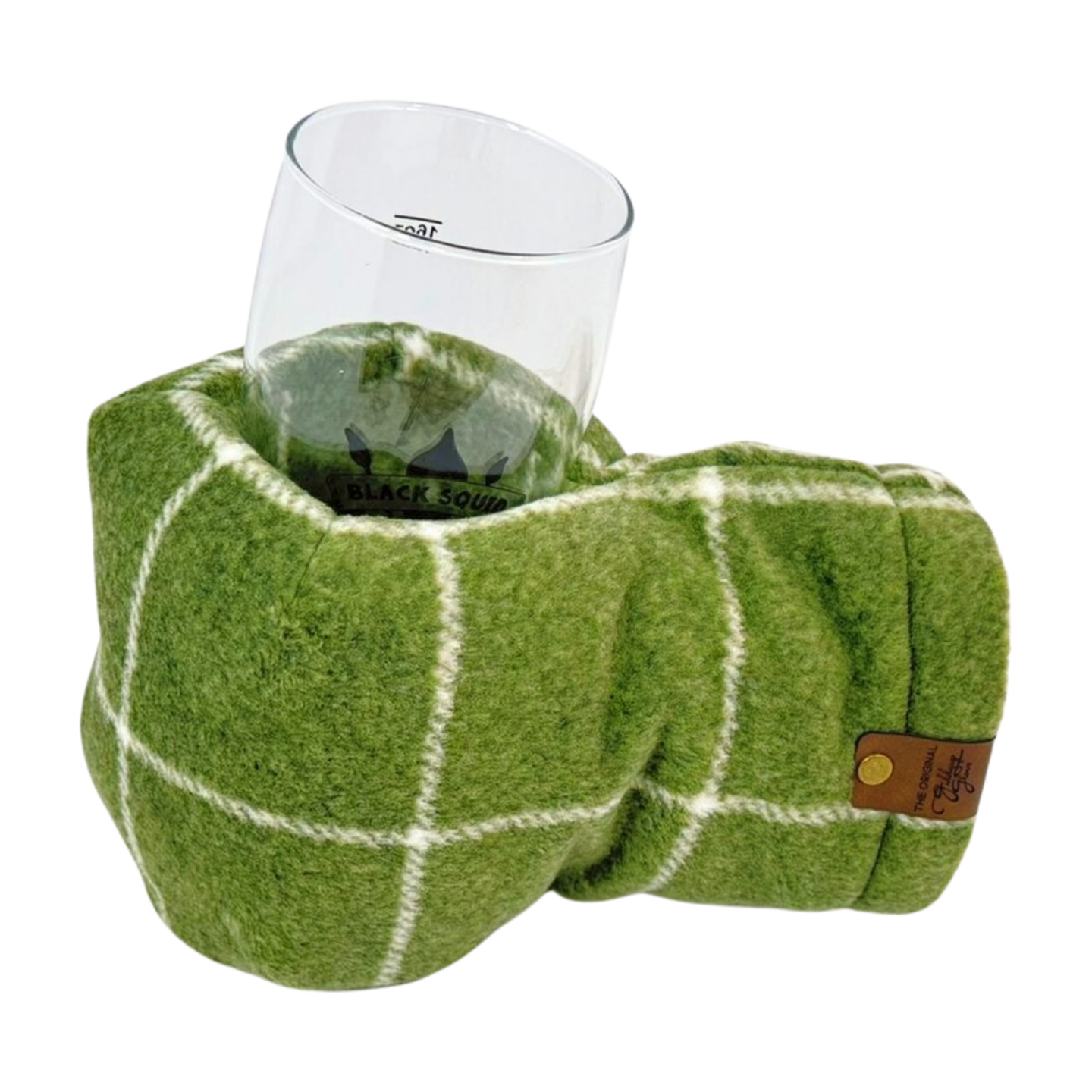 Top view of olive green heavyweight plaid Giddyup Glove™ holding a glass for après-ski or sidelines