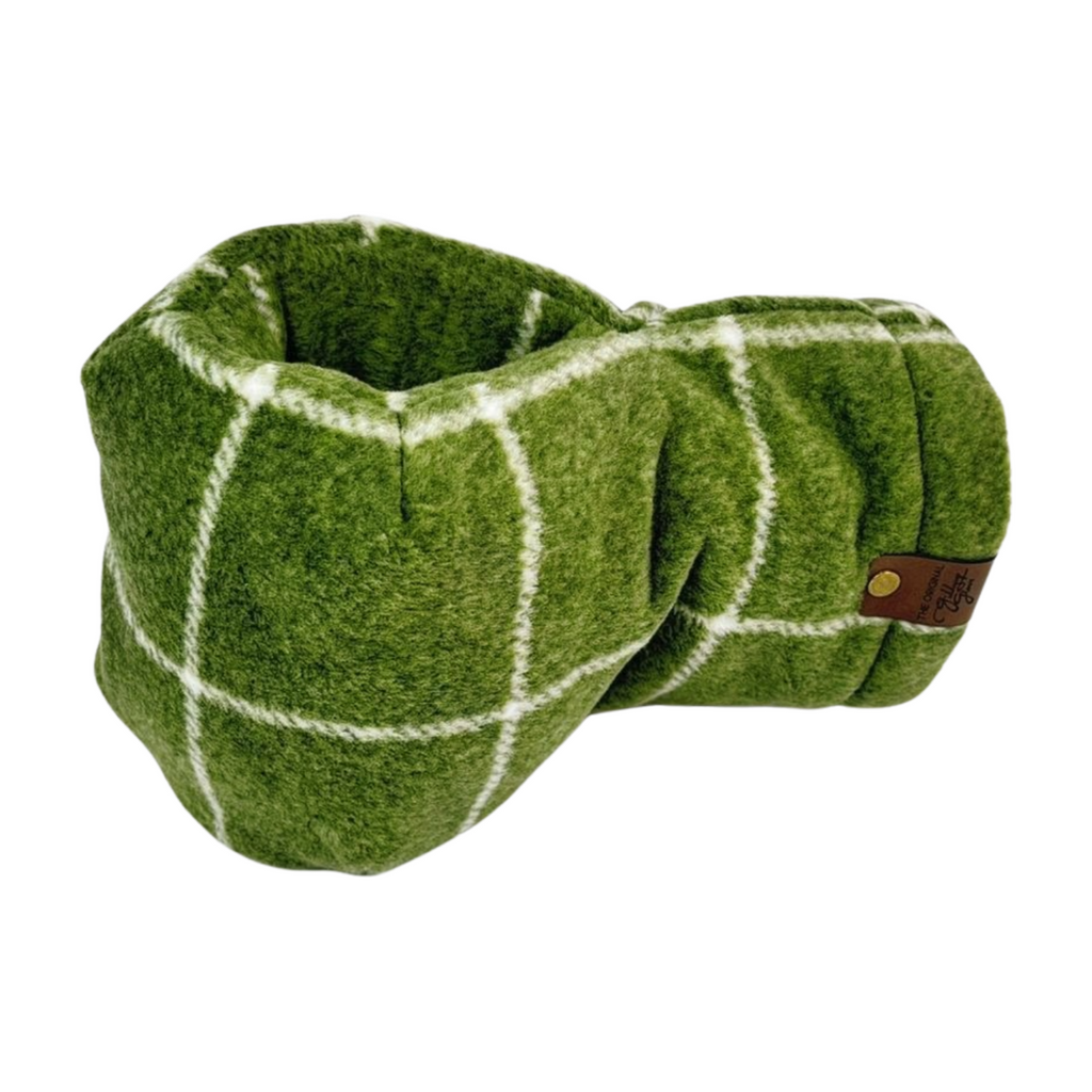 Side view of olive green heavyweight plaid Giddyup Glove™ showing insulated design and built-in drink-holding mitten for camping