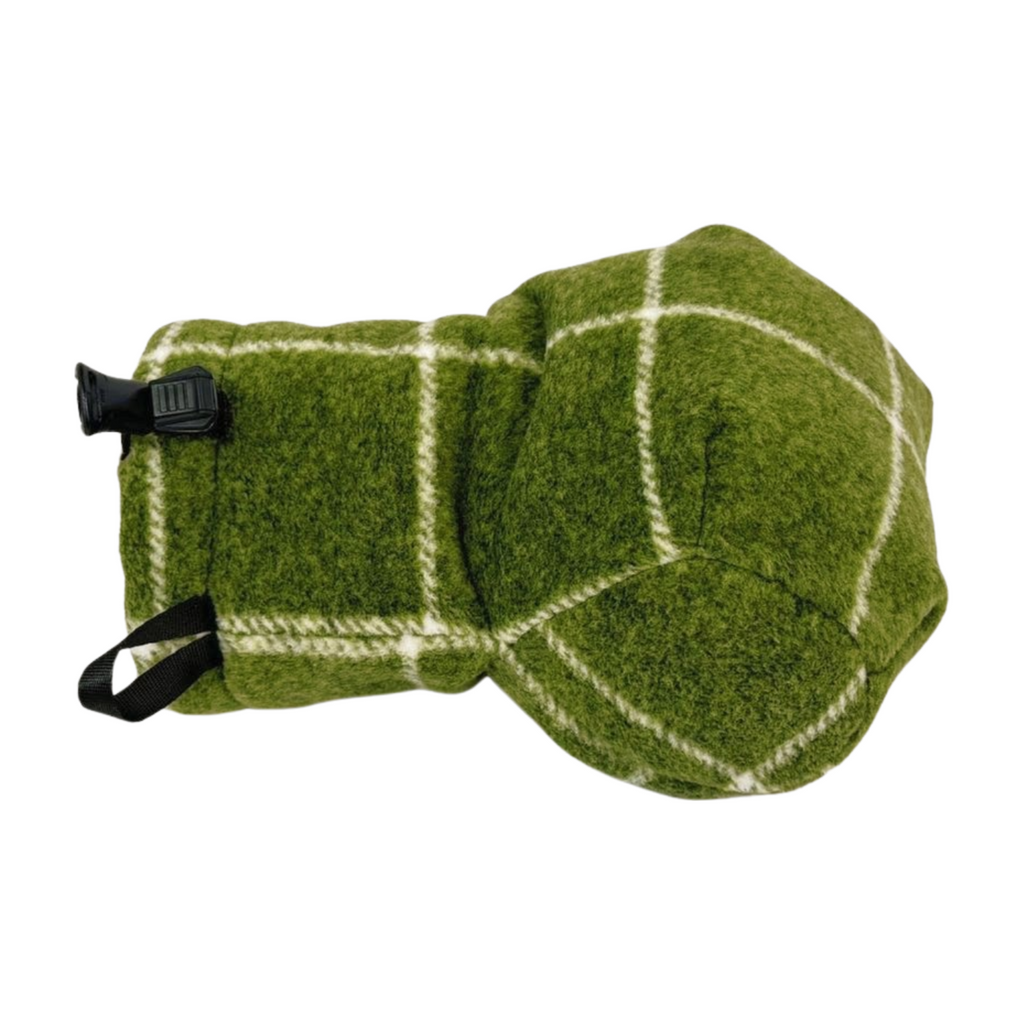 Side view of olive green heavyweight plaid Giddyup Glove™ showing insulated design and built-in drink-holding mitten for camping