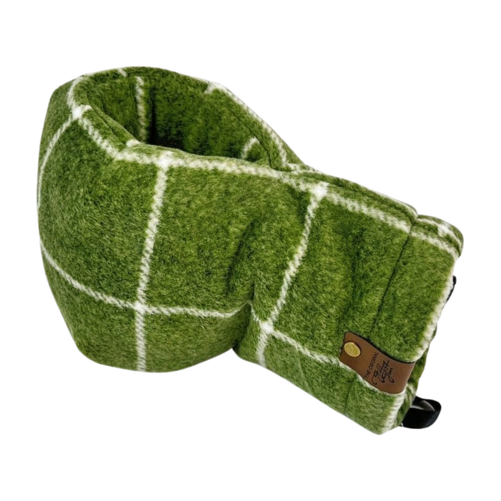Side view of olive green heavyweight plaid Giddyup Glove™ showing insulated design and built-in drink-holding mitten for camping