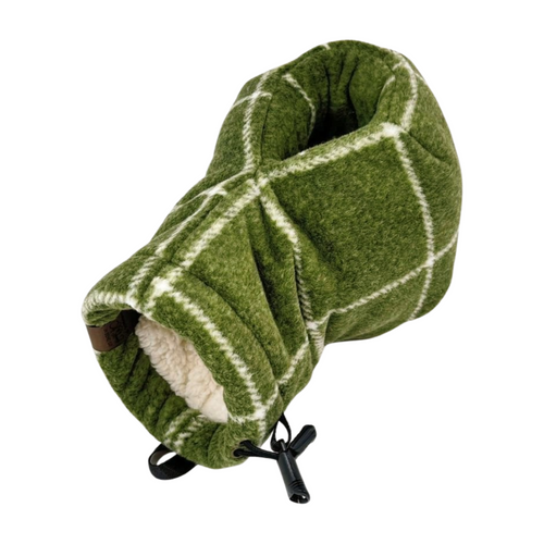 Bottom view of olive green heavyweight plaid Giddyup Glove™ insulated drink-holding mitten for cold weather