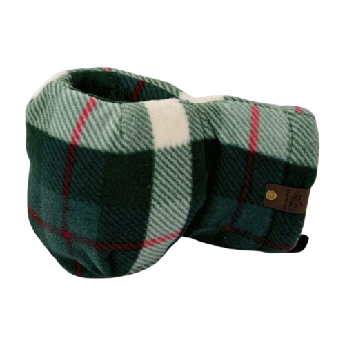 Side view of Plaid Tidings Giddyup Glove™ showing insulated fleece design and built-in drink-holding mitten for camping