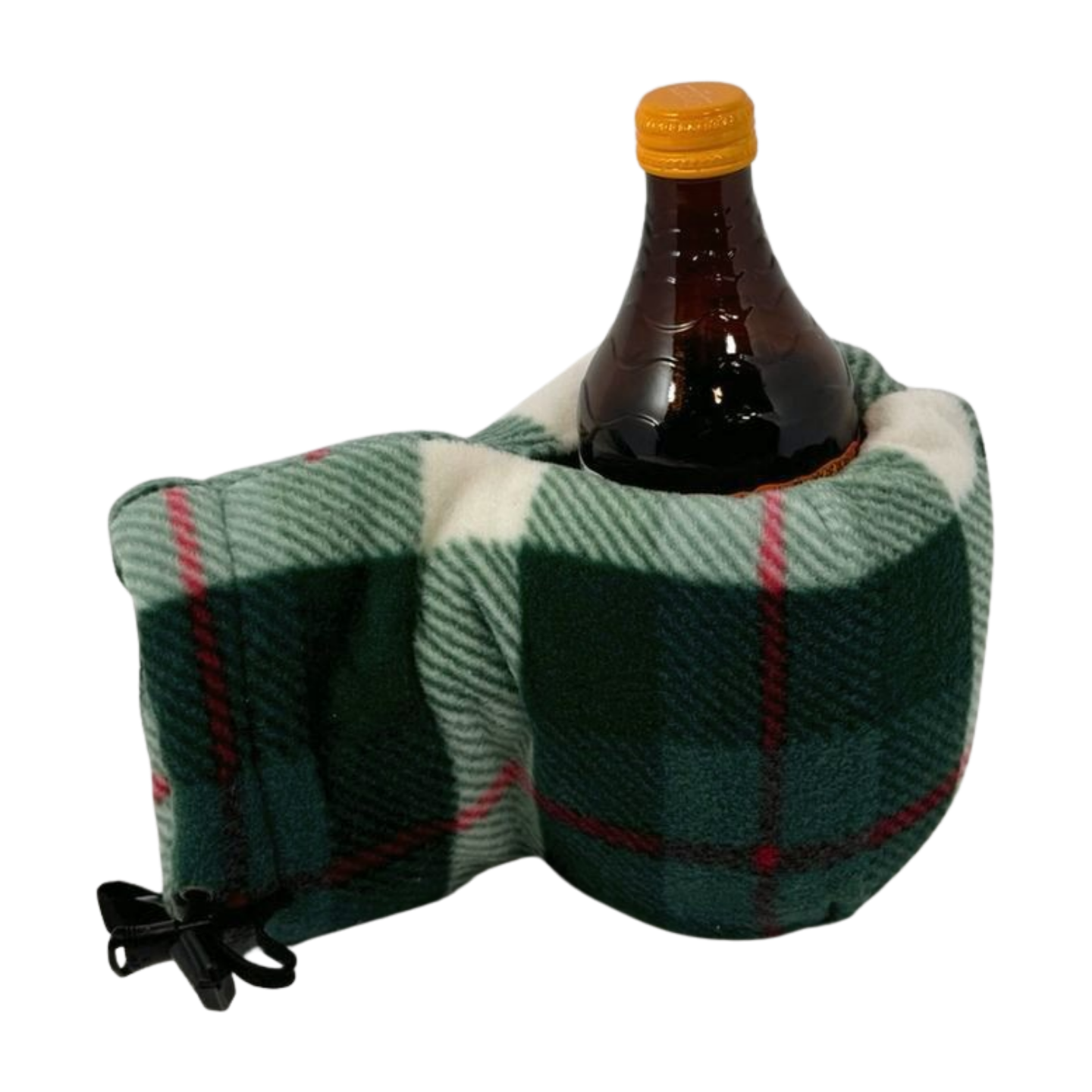 Top view of Plaid Tidings Giddyup Glove™ holding a bottle, a beer Kozy alternative for cold weather
