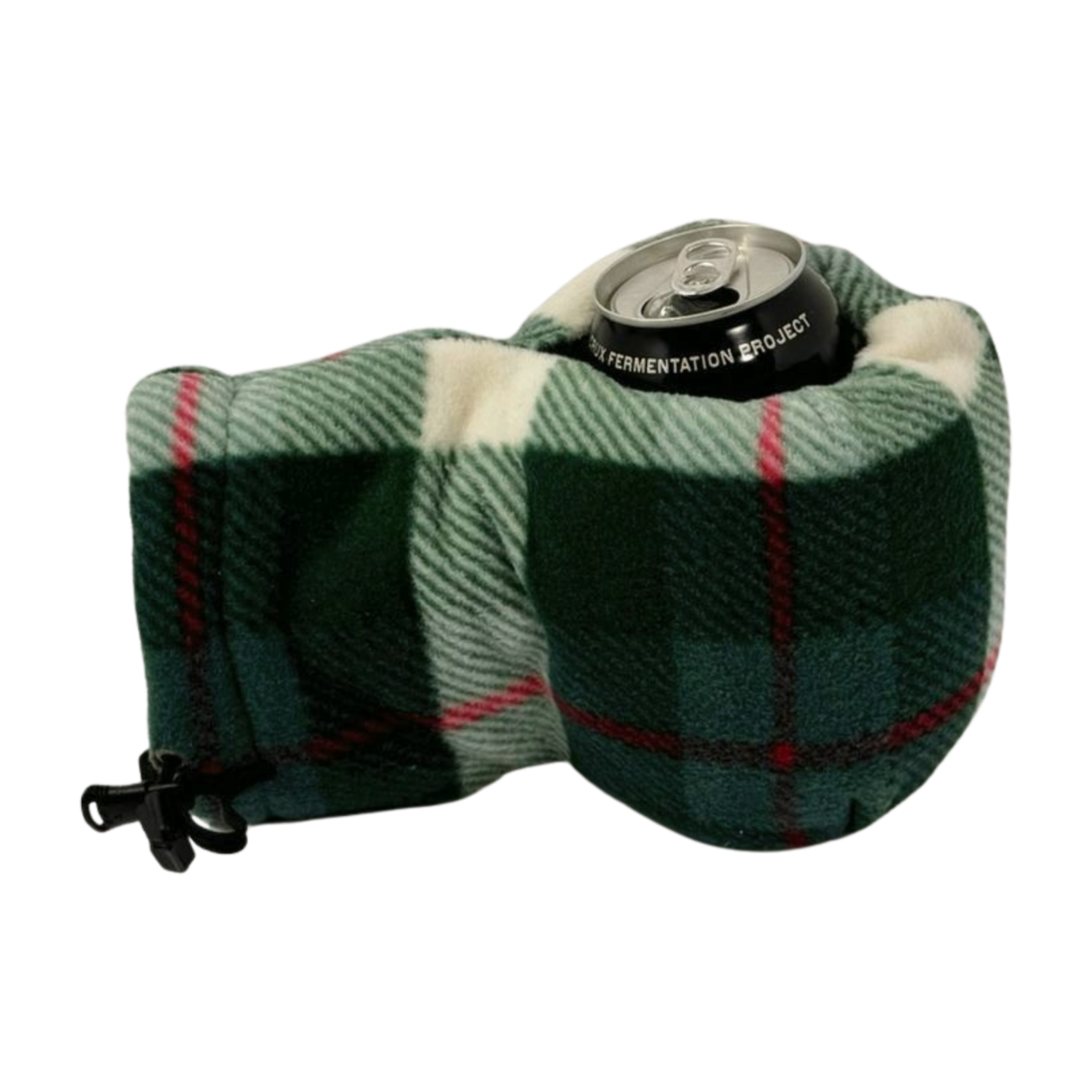 Top view of Plaid Tidings Giddyup Glove™ holding a can, practical for tailgating or camping