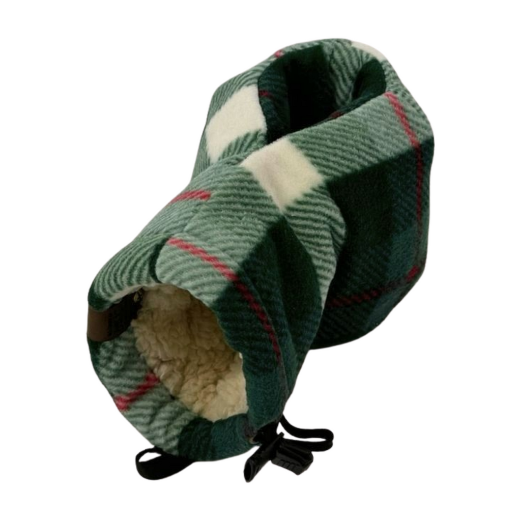 Bottom view of Plaid Tidings Giddyup Glove™ insulated drink-holding mitten in classic holiday plaid for cold weather