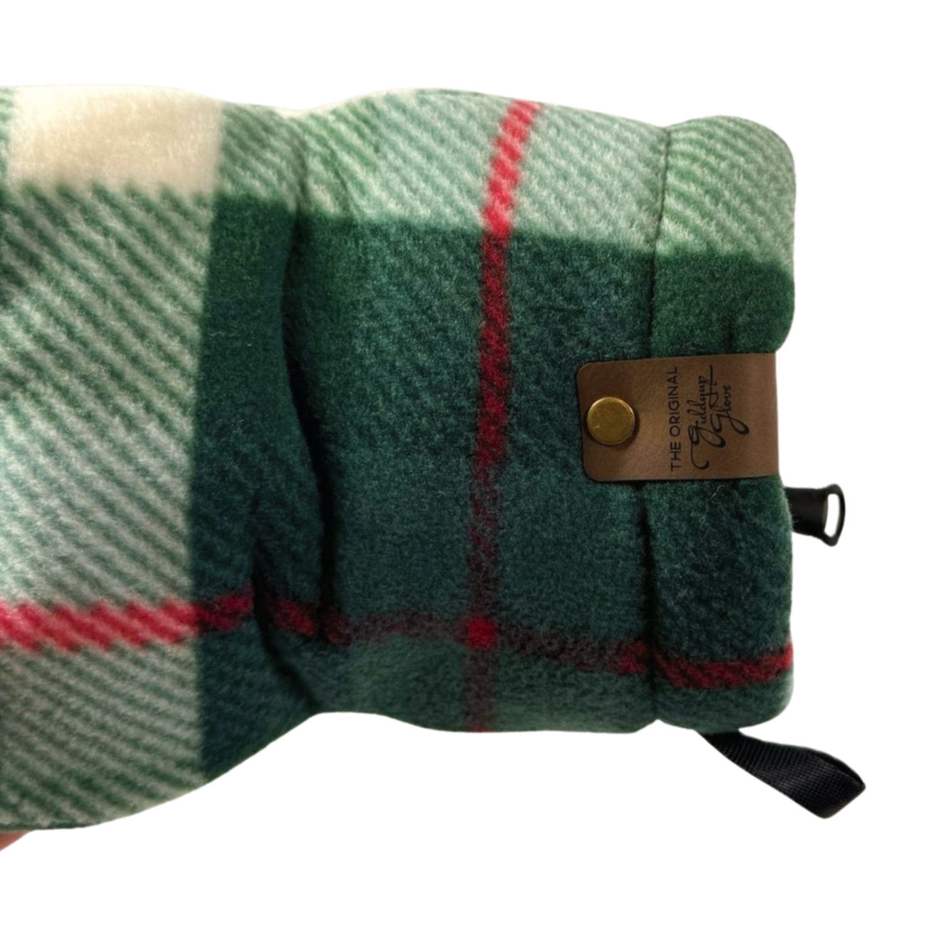 Close-up of Plaid Tidings Giddyup Glove™ wrist strap and insulated cuff for sidelines or outdoor use