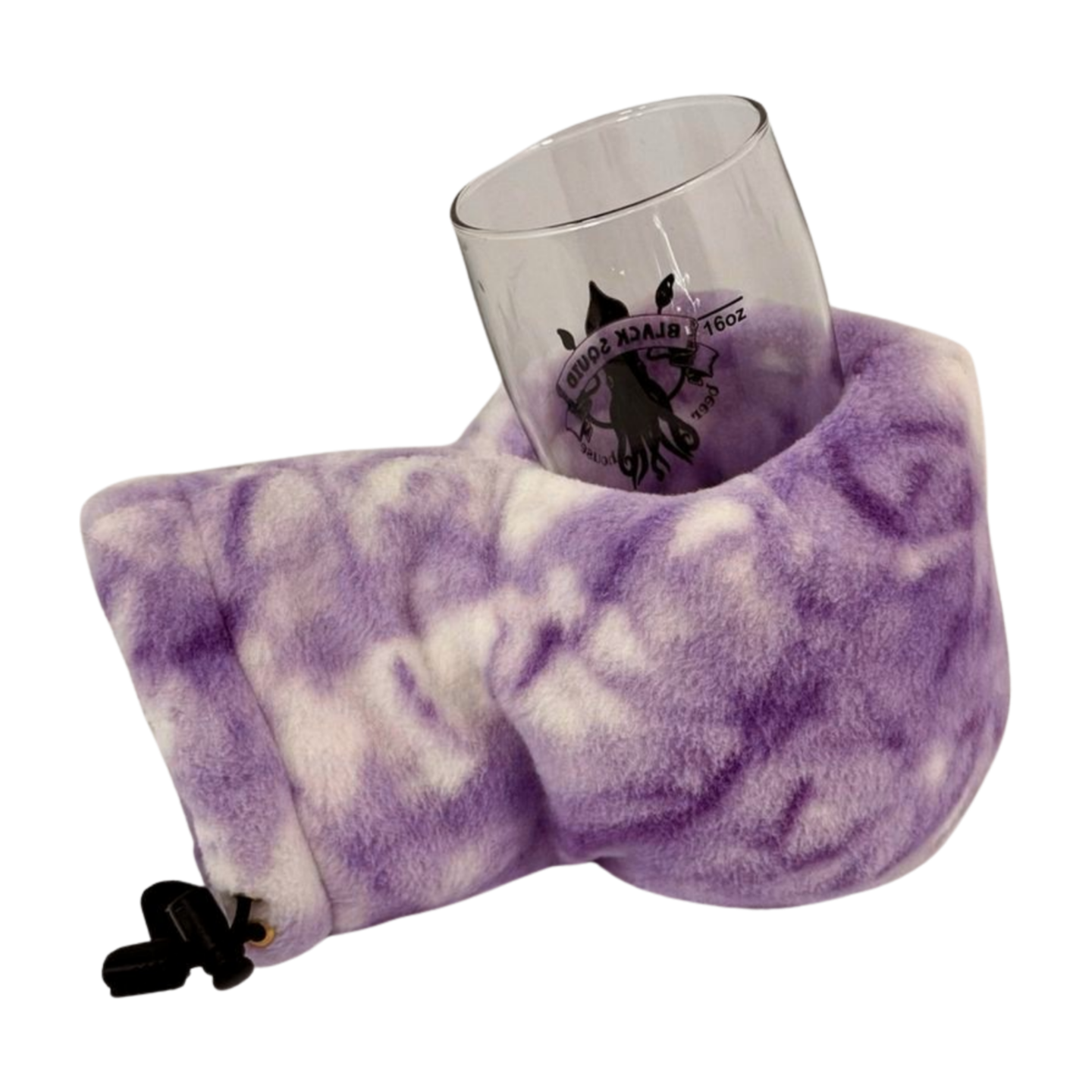 Purple Daze Giddyup Glove™ holding a glass, demonstrating hands-free beverage use