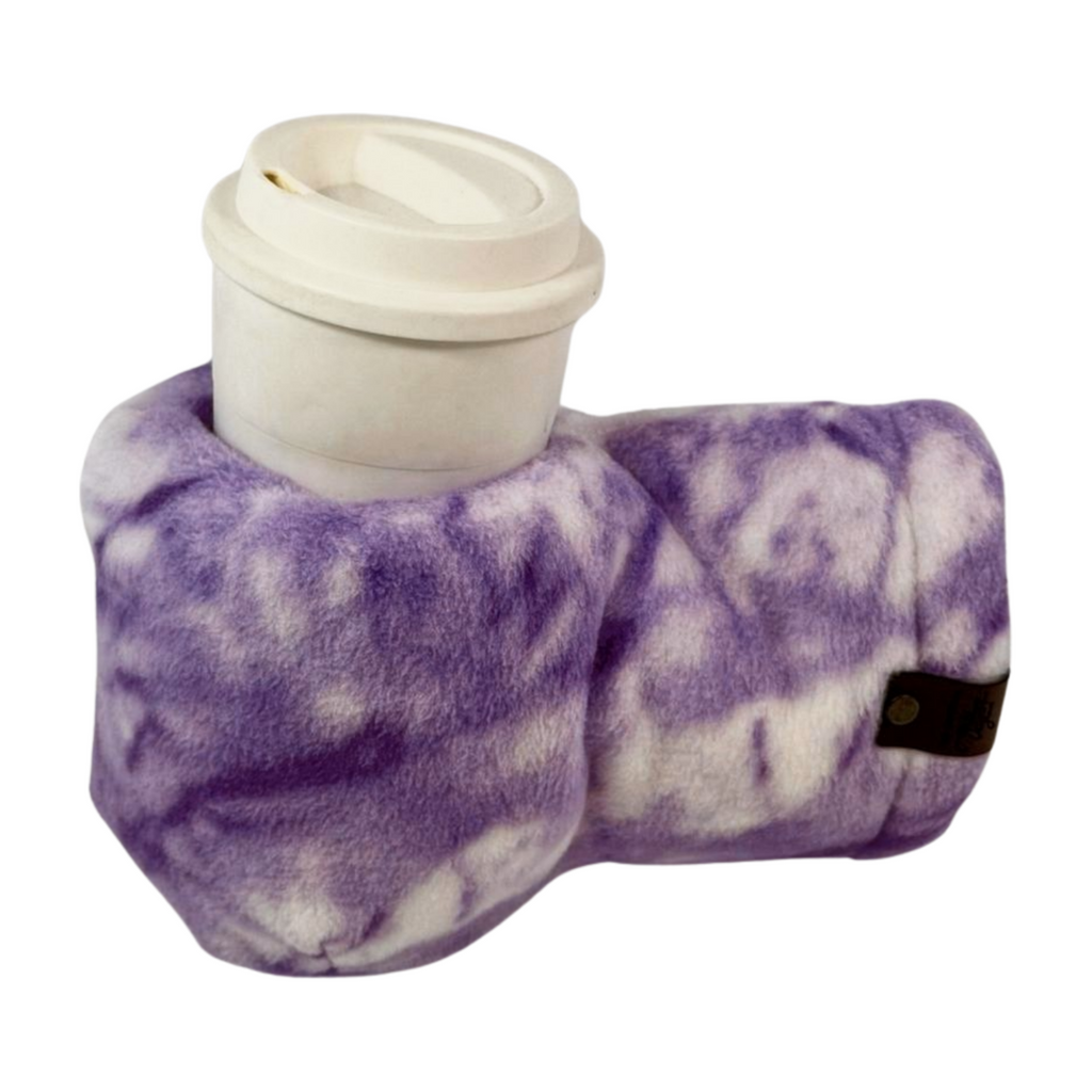 Purple Daze Giddyup Glove™ with tumbler for hot or cold drinks, showing secure grip