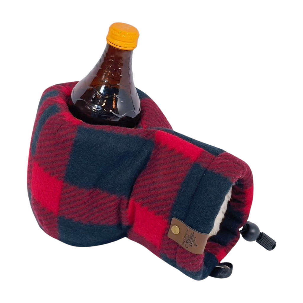 Red and black buffalo plaid Giddyup Glove™ holding a bottle, ambidextrous insulated mitten for outdoor beverages.