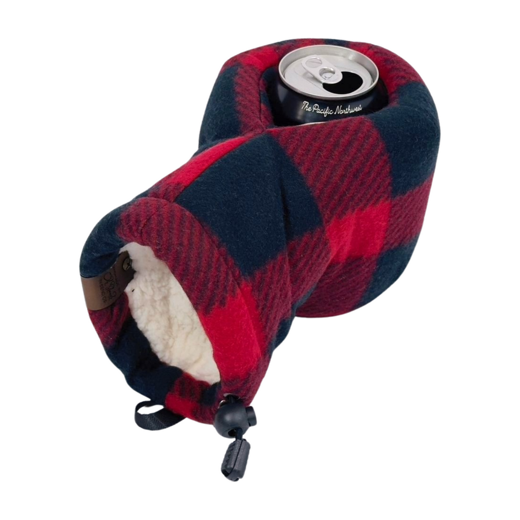 Red and black buffalo plaid Giddyup Glove™ holding a canned drink, insulated mitten for hands-free cold beverage enjoyment.