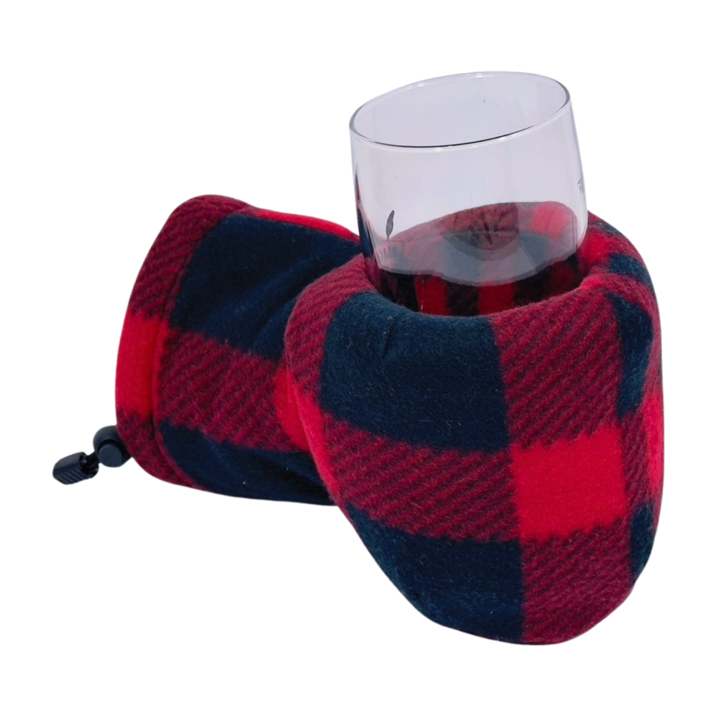 Red and black buffalo plaid Giddyup Glove™ holding a glass, stylish insulated mitten for hot or cold drinks.