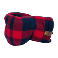 Red and black buffalo plaid Giddyup Glove™ holding a beverage, left-hand view, insulated mitten for hot or cold drinks.